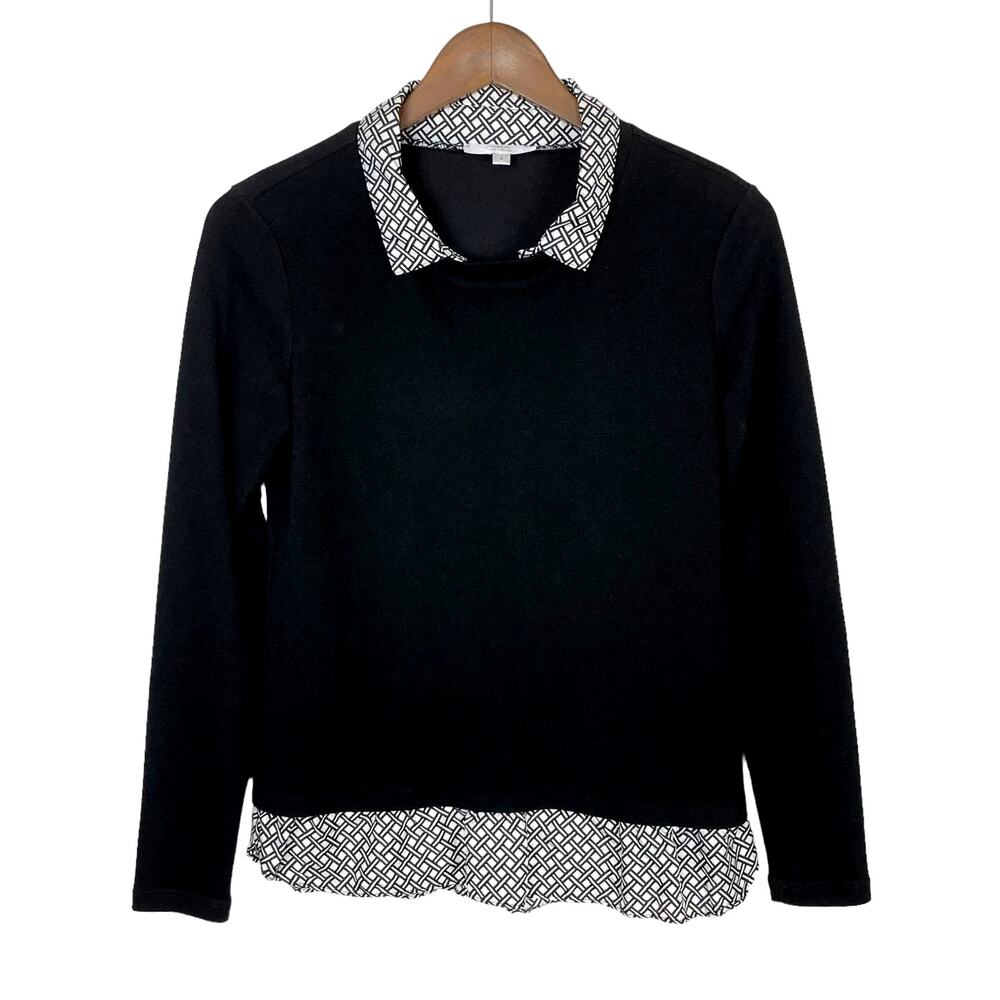Drew Black Knit Contrast Print Satin Silk Layered Corpcore Office Twofer Sweater
